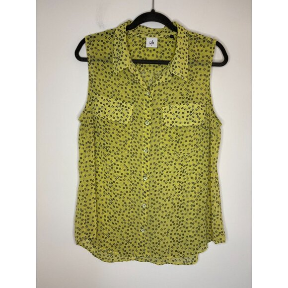 CAbi Sleeveless Button Up Blouse Womens L Yellow Black Floral Collar Flowy Sheer - Picture 5 of 8